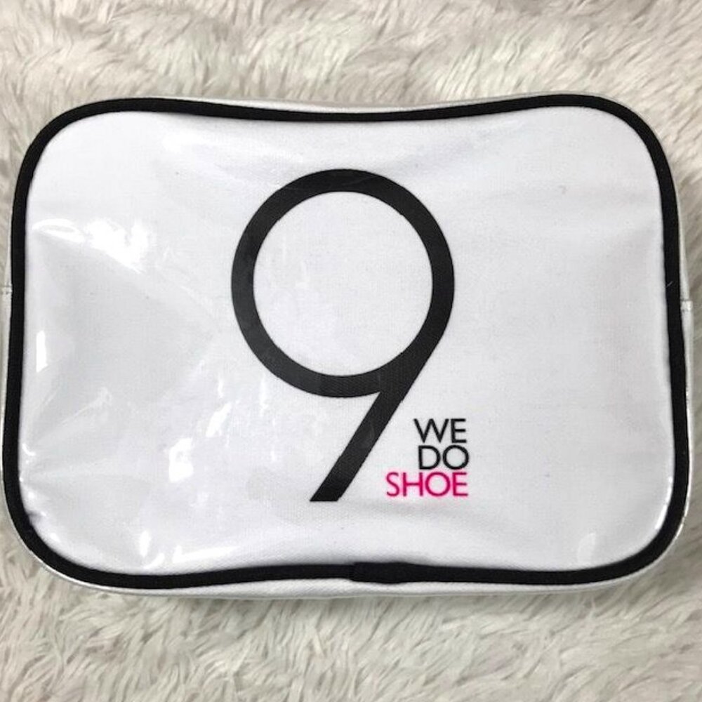 Nine West x TwelveNYC Pink White Piped ‘WE DO SHOE' Cosmetic Bag